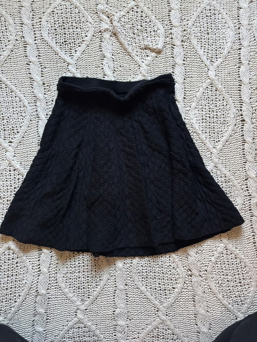 Black high waisted sweater knit downy skirt with cable cozy knitted pattern - t